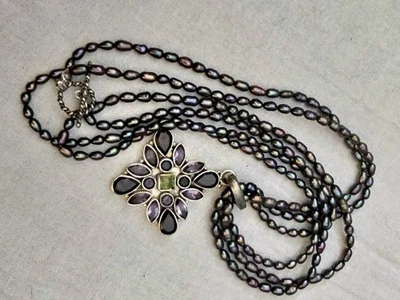 925 Gemstone Pendant On Multistrand Blue Pearl Necklace 18" - Image 1 of 4