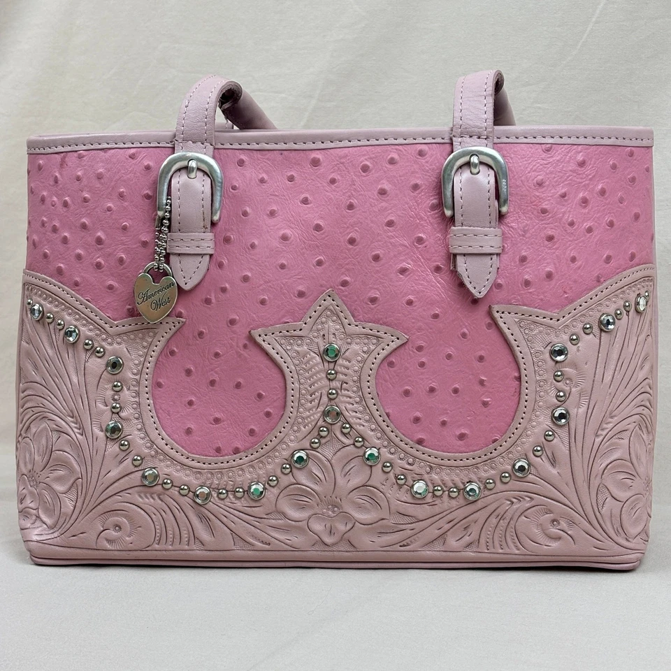 Bolso de Mano American West Tooled a Mano Floral Cuero Rosa Estrás Tachonado Foto 1 de 4