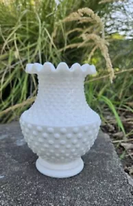 Vintage White Milk Glass Hobnail Ribbon Lace Edge Vase. Fenton? 5.75 X 3.5"  - Picture 1 of 13