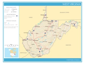 Mappa Stato della Virginia Occidentale Stati Uniti Stampa poster politico fisico XL - Foto 1 di 1