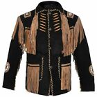 Men&#39;s Traditional Western American Suede Leather Jacket Coat Beaded &amp; Fringes