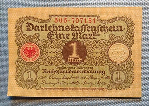 Billete de caja de préstamo Ein Mark Berlín 1 de marzo de 1920 Reichschudagement - Imagen 1 de 2