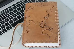 World Map Brown Leather Journal for writing Men Handcrafted heavy Cotton paper - Picture 1 of 14