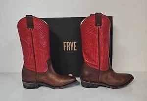 Bottes de cowboy Frye marron et rouge Billy Stitch à enfiler femme 8M boîte d'origine - Photo 1/12