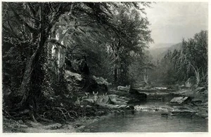 Steel Engraving ADIRONDACK WOODS Deer by a River 1800s vintage print - Picture 1 of 6