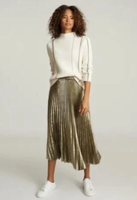 NUEVO CON ETIQUETAS Falda Midi Plisada Metálica Reiss Gemma Talla US 6 Dorada Negra Brillante Foto 1 de 4