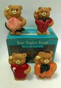 Set of 4 Christmas Vintage Teddy Bear with Fruits Ceramic Napkin Ring Holder - Picture 1 of 6