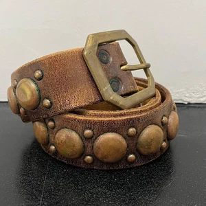 RRL Ralph Lauren Studded Leather Belt 36 Brass Italy 80s 90s Vintage - Picture 1 of 9