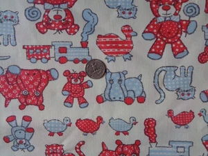 VINTAGE FABRIC BABY ANIMALS CAT DUCK HIPPO TRAIN RED & BLUE 45.5" X 58" RARE - Picture 1 of 2