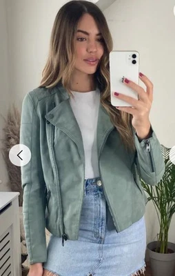 Chaqueta de motociclista de cuero sintético verde salvia SOLO Meghan talla 12 nueva con etiquetas  Foto 1 de 4