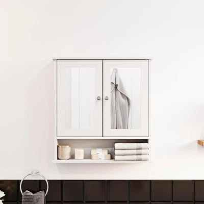 Bathroom Wall Cabinet Storage 2 Door Mirrored Cupboard MDF Shelves Vanity Unit