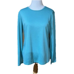 LL BEAN Long Sleeve Turquoise Tee Size Large 100% Cotton - Picture 1 of 10