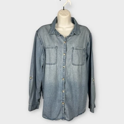 Blusa vaquera de mezclilla para mujer XL lavada ligera Top mangas enrollables clásica grapa Foto 1 de 4