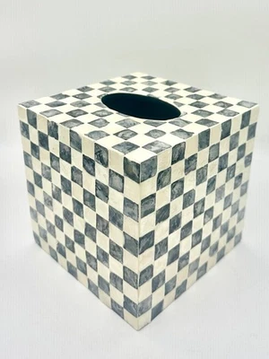 Ручной работы с раковинами Capiz квадратный темно-синий и белый клетчатый куб ткани коробка - Изображение 1 из 4