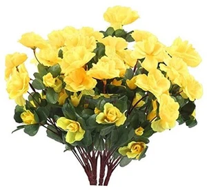 Artificial Azalea Outdoor Flower Faux Plants for Outside Planters 4pcs Yellow - Picture 1 of 8