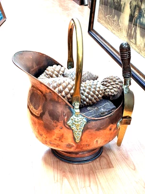 Copper Coal Scuttle with Shovel / Brass Handle and Shovel - Image 1 of 4
