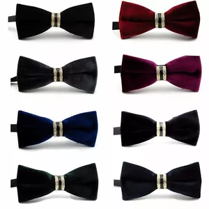 Men Solid Velvet Crystal Wedding Party Pre-tied Bowtie Neck Tie Formal Necktie - Picture 1 of 10