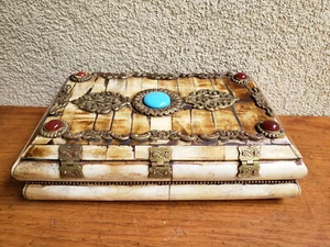 Vintage Large 9'' Trinket Jewelry Box Camel Bone & Brass Ornate Agate & Eilat S - Picture 1 of 20