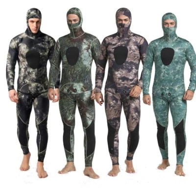 3mm Neoprene Camo Wetsuit Two Piece Hooded Spearfishing Diving Suit - Image 1 of 4