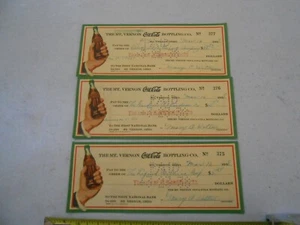 RARE SET 3 1930'S CONSECUTIVE COCA COLA CHECKS COKE MT VERNON OHIO BOTTLING CO F - Picture 1 of 8