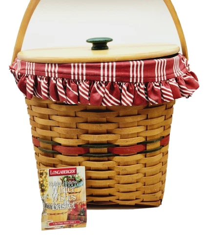 Longaberger 1998 Picnic Basket red winter wishes plastic insert fabric candy Cover