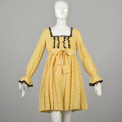 Vestido Babydoll Pequeño Años 60 Deadstock Amarillo Blanco Cuadros Algodón Vestido Volantes Foto 1 de 4