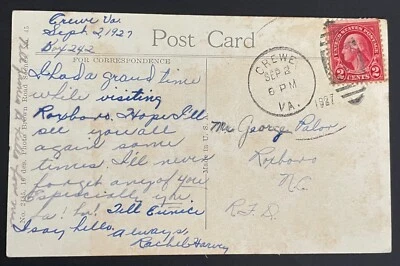 Crewe, Virginia Post Card - mailed Sep 2, 1927 to Roxboro, NC - VA - Image 1 of 2