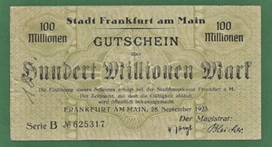 03 285 Notgeld Stadt Frankfurt a.M. 100 Millionen Mark, 28.9.1923, Serie B, Nr s - Picture 1 of 2