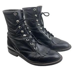 Justin? Black Riding Unbranded Kiltie Leather Lace Boots Women’s Size 6.5 - Picture 1 of 9