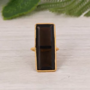 Genuine Smoky Rectangle Design 925 Silver Gold Plated Anniversary Ring For Gift - Picture 1 of 11