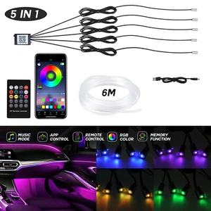 Tira de luz de fibra óptica interior de automóvil LED RGB 5 en 1 6M atmósfera de neón APP control remoto - Imagen 1 de 11