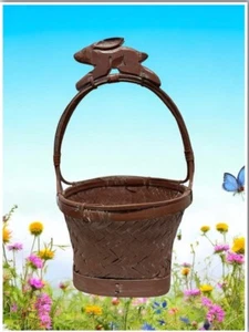 **RARE**  VINTAGE Unique Woven Easter Basket  Handle Wood Carved Bunny Rabbit - Picture 1 of 12