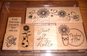 SIMPLE PLEASURES SPRING VASES,FLOWERS, SAYINGS, WOOD STAMPS  SET OF 6 FREE SHIP - Picture 1 of 1