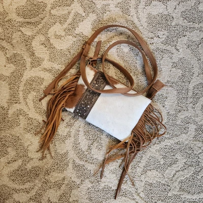 Shyanne White Tan Cow Hair Leather Hide Fringe Purse Cowgirl Western Crossbody - Image 1 of 4