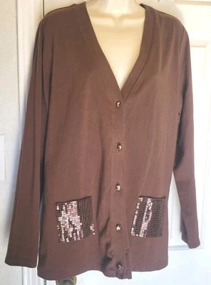 Cárdigan tejido Quacker Factory M marrón cristal botones lentejuelas bolsillos  Foto 1 de 4