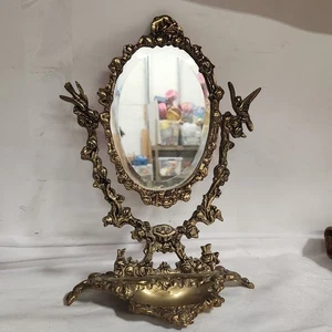 Beautiful vintage antique table top mirror Brass with birds beveled glass... - Picture 1 of 15