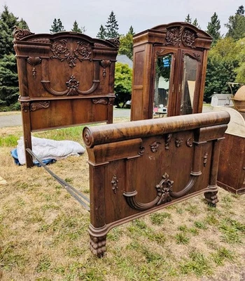 Antiguo juego de dormitorio americano de 3 piezas de nogal burl suite ornamentado tallado victoriano Foto 1 de 4