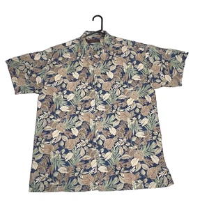 Tori Richards Shirt Adult XXL Blue Tan Hawaiian Floral All Over Print leaves - Picture 1 of 5