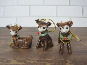 Set of 3 Vintage Christmas Reindeer Ornaments Spaghetti Trim - Picture 1 of 8