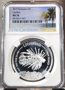 2019 BARBADOS SILVER 1 DOLLAR LIONFISH NGC MS 70 RARE BEAUTIFUL PERFECTION - Picture 1 of 3