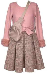 NEW Bonnie Jean Girls Size 12 "PINK CREPE TAN BOUCLE" Knit Dress X-Bag Set NWT - Picture 1 of 3