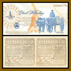 Colonial Williamsburg Currency 1 Dollar, 1996 Carriage Copy ABNC - Picture 1 of 1