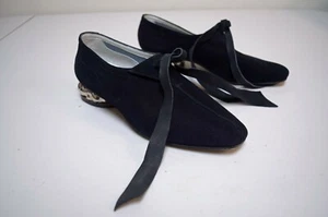 VTG 1930s/40s FRATTEGIANI Black Nubuck Suede Flats w Sculpted Glass Heels ~7.5 M - Picture 1 of 10