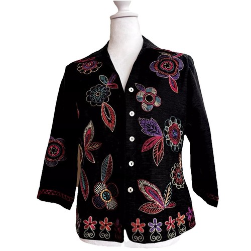 VETEMENTS Giacca di seta nera Scott Taylor ricamata fiori colorati brillanti piccola carriera