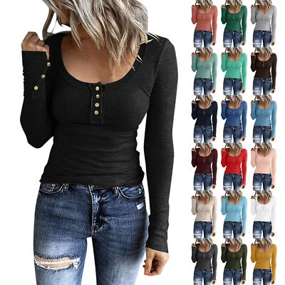 女士长袖亨利 T 恤纽扣修身上衣圆领罗纹针织衬衫 — 第 1/4 张图片