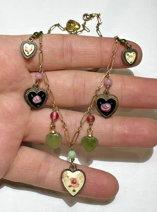 Lucy Issacs NYC 12k GF Heart Enamel Flower Rose Painted Charms Vintage Necklace - Picture 1 of 7