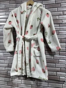 Girls 6  Bathrobe Soft Fleece Hooded Robe Strawberry  MIDI Tie Comfy Warm - Picture 1 of 13