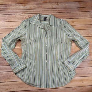 Gap Stretch M Shirt Open V Neck Button Front Fitted Blue Green Striped - Picture 1 of 5