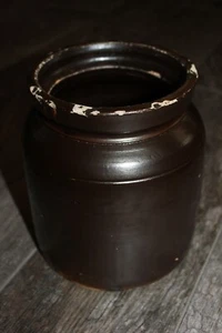 Very Primitive Antique Old Salt Glaze Dark Brown Turned Pottery Crock. 7" Tall. - Picture 1 of 8