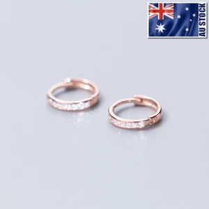 Genuine 925 Sterling Silver 13mm Clear Crystal Hoop Ring Huggie Earrings Elegant - Picture 1 of 14